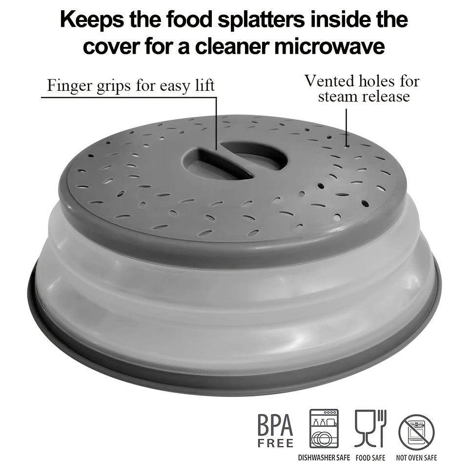 1pc Collapsible Microwave Food Cover, BPA Free TPR, 10.5 Inch, Round With Handle, Microwave Plate Protector Cover With Steam Vent And Strainer, For Fruit (Grey)
