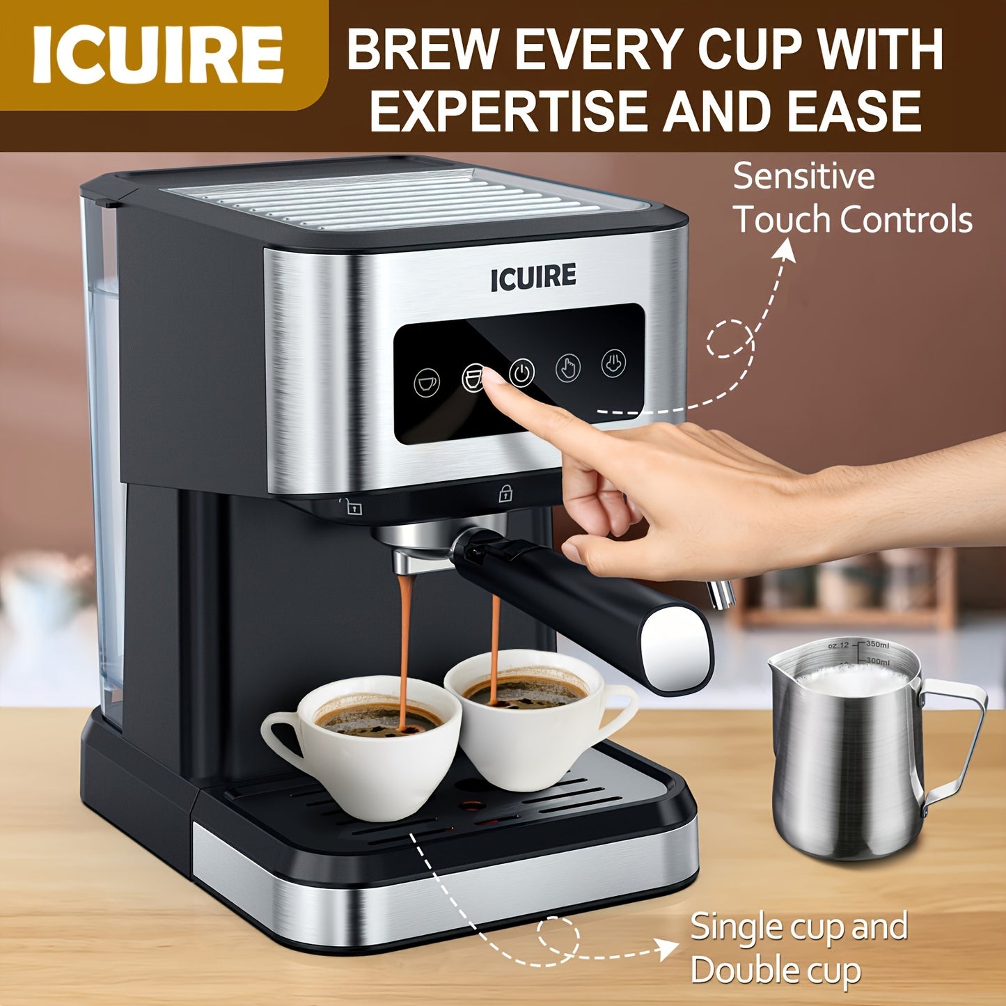 ICUIRE Espresso Machine with Milk Frother, Free milk bubble cup, 20 Bar Pump Pressure Coffee Machine, 1.5L/50oz Removable Water Tank, 1050W Semi-Automatic Espresso/Latte/Cappuccino Machines for Home Barista, Office, kitchen A
