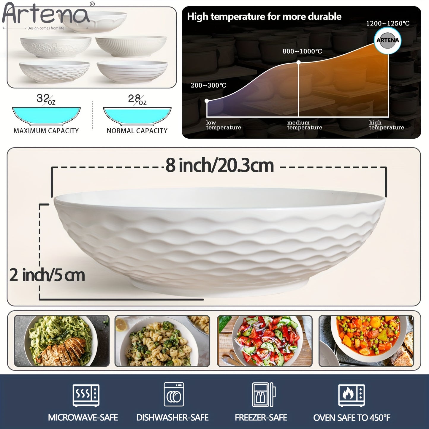 Large Ceramic 4pcs Artena Pasta Bowls - 32oz/35oz, 7.9''/8'' Embossed Soup Bowls - White Serving Bowls for Entertaining, Microwave Dishwasher Oven Safe
