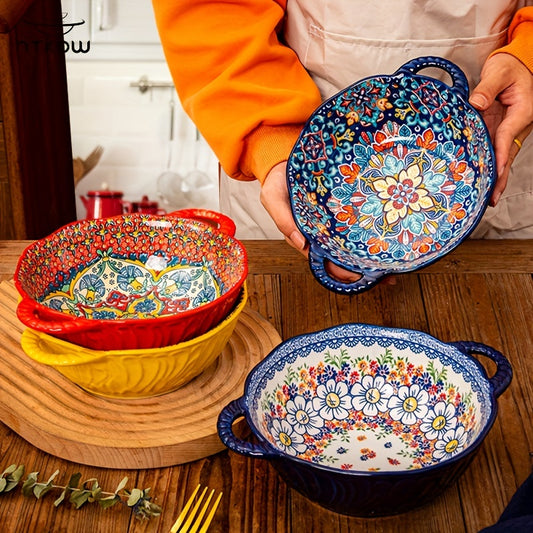 1pc 9.5 "Underglaze Color Bohemia Polish Color Double Ear Soup Bowl, Embossed Soup Bowl, Noodle Bowl, Microwave Safe, For Home Kitchen Restaurant Hotel, Kitchen Supplies, Tableware Accessories