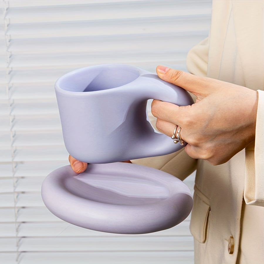 1set Chubby Mug Saucer Set - Creative, Cute, Fat Handle, 10 Oz, Dishwasher and Microwave Safe, Perfect for Latte, Tea, Milk, Halloween Gift, Birthday Gift, Aesthetic Room Decor, Art Supplies, Summer and Winter Drinkware