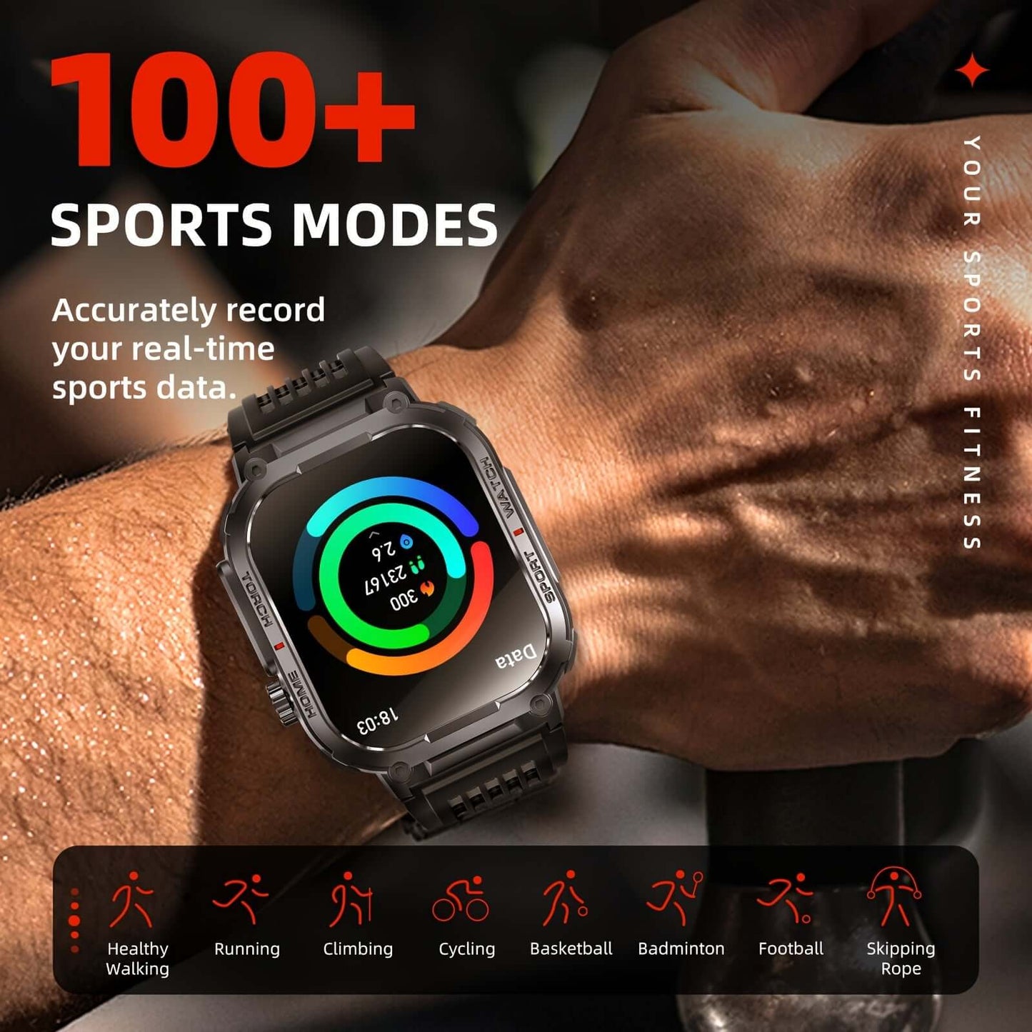 2.02" Smartwatch IP68 Waterproof for Men Women, Answer/Dial Calls Watch with LED Flashlight, Full Touch Screen Compatible with iPhone and Android Phones - Black
