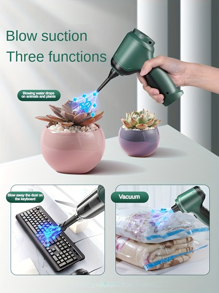A Three In One Wireless Vacuum Cleaner With A High Power, Which Can Be Used For Suction, Air Extraction, And Blowing, Both In The Car And At Home. It Has An Extended Battery Life, Can Absorb Dust, Debris, Pet Hair, Air Extrac