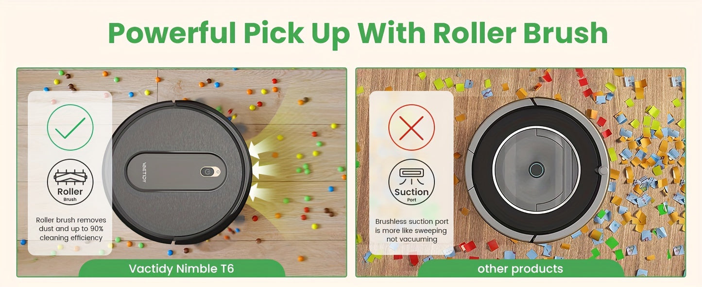 Vactidy Nimble T6 Robot Vacuum Cleaner, Strong Suction, Automatic Self-Charging Robotic Vacuum, WiFi/Alexa/App/SiRi/Remote Control Robotic Vacuum, 7.35cm Thin, Ideal for Pet Hair, Carpet, Hard Floor