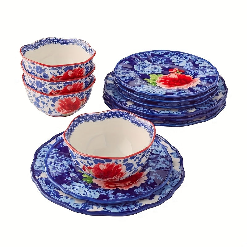 12pcs Vibrant Floral Stoneware Dinnerware Set - Dishwasher and Microwave Safe