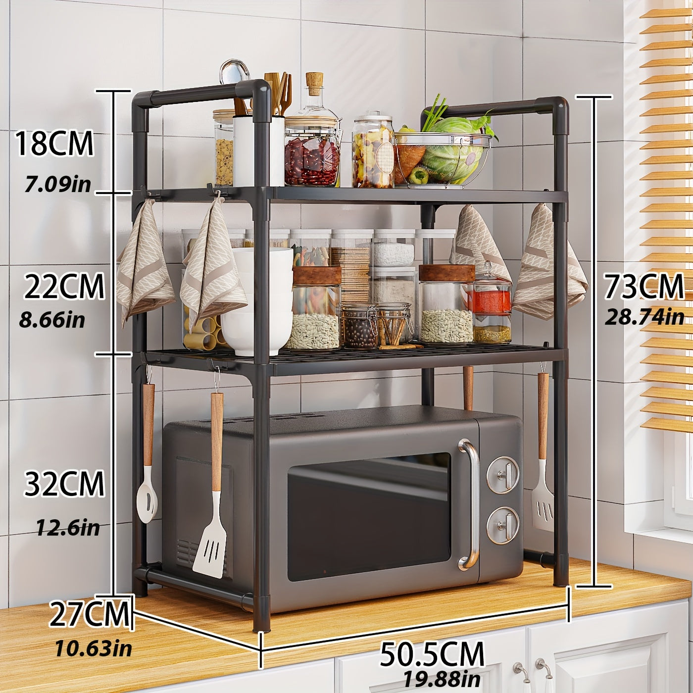 8-Hook Expandable Double-Layer Microwave Stove Rack - Multifunctional Kitchen Storage Organizer for Countertops and Cabinets - Space-Saving Plastic Rack with Adjustable Design for Kitchen Utensils and Accessories