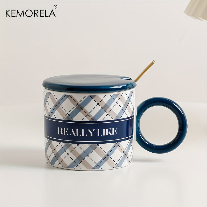 KEMORELA Ceramic Coffee Mugs Set with Lids and Spoons, Houndstooth Pattern Reusable Round Cups, Microwave Safe, Machine Wash, Multipurpose Drinkware, Ideal for Christmas, Halloween, Thanksgiving, Valentine's, Father's Day Gif