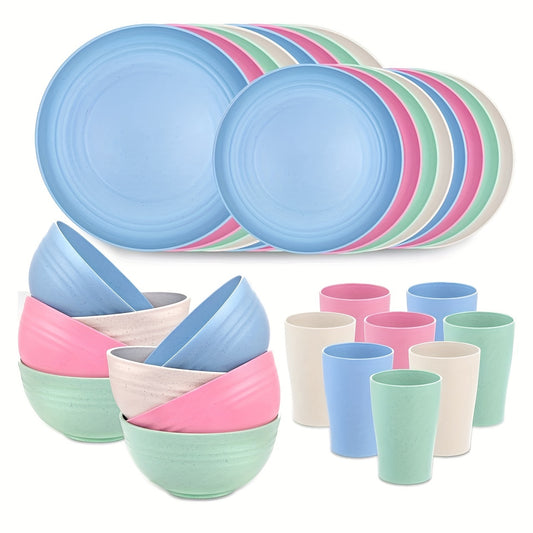 32pcs Vibrant Wheat Straw Round Dinnerware Set - Microwave & Dishwasher Safe, Unbreakable, Lightweight, Reusable - Perfect for 4th of July, Christmas, Halloween, Thanksgiving Celebrations with Family and Friends
