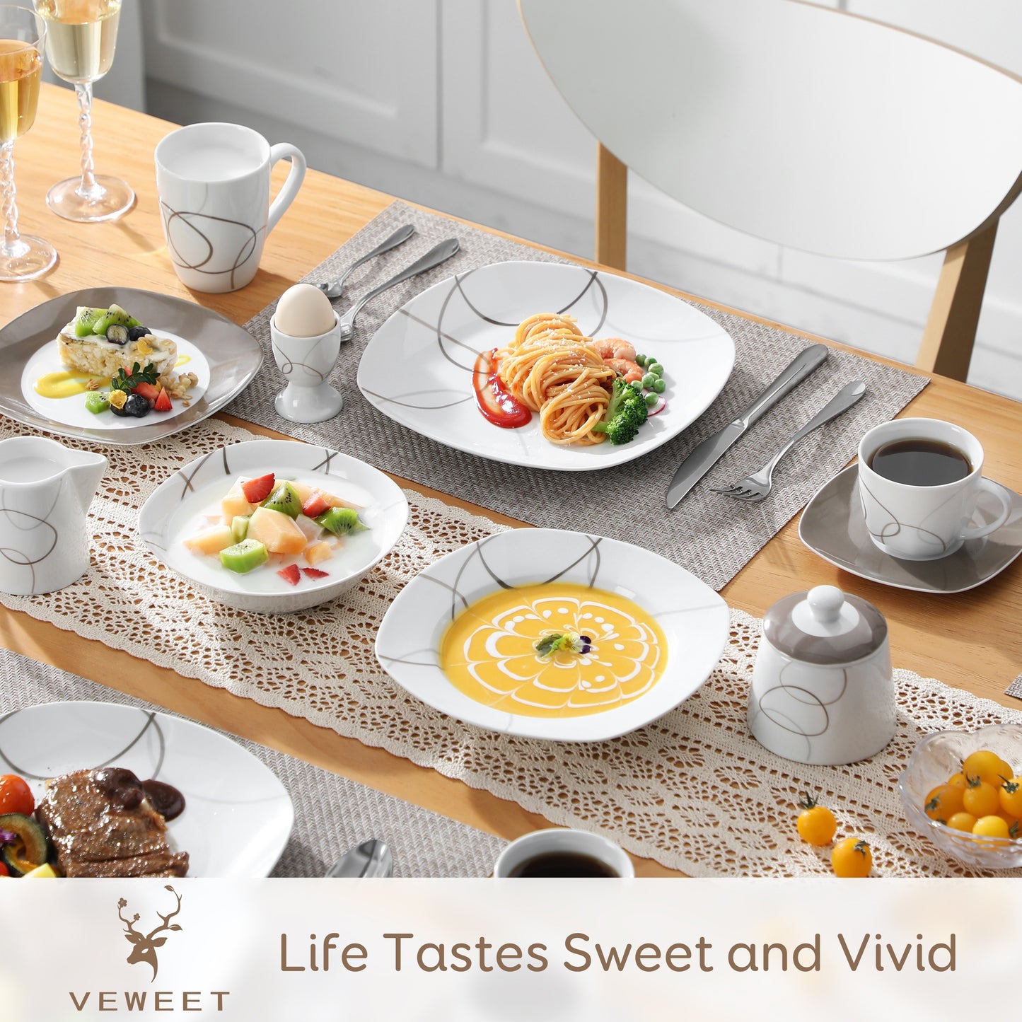50-Piece Dinnerware Set Service for 6 Plates and Bowls Set Porcelain Tableware Dishes Set Brown Lines Patterns, Including Plates Sets, Bowls, Mugs, Egg Cups, Cup and Saucer Set, Milk Jug and Sugar Pot Set, Microwave and Dishw