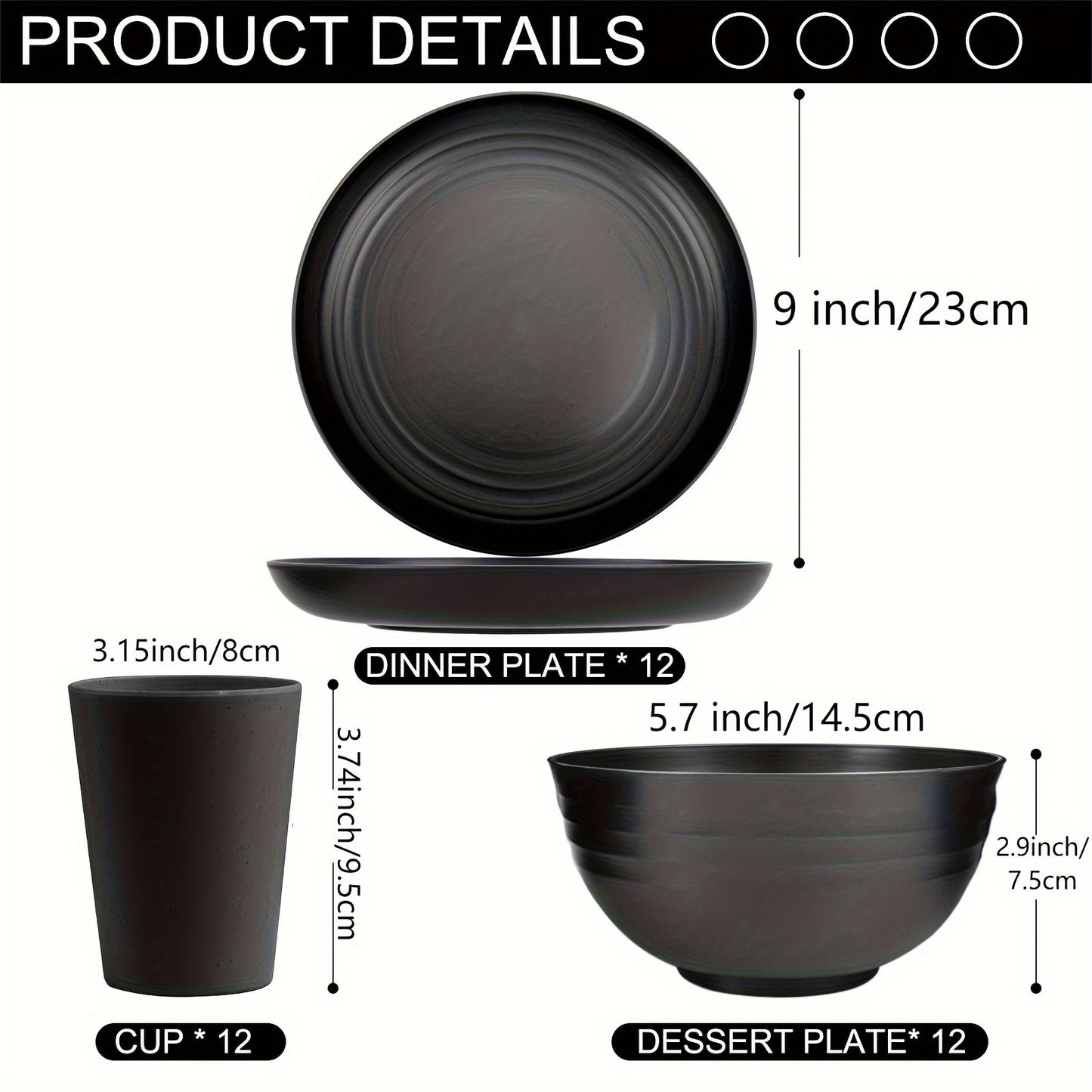 36pcs Black Wheat Straw Dinnerware Set Of 12, Plates And Bowls Set, Plastic Plates Reusable, Halloween Halloween Plastic Plates, Black Dishwasher And Microwave Safe, Unbreakable Dinnerware, Camping Plates.