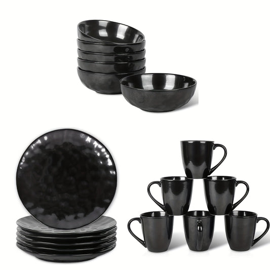 Vicrays 18 Piece Kitchen Ceramic Dinnerware Set, Ceramic Fluted Dinner Plate, Coffee Mug, Bowl Set, Microwave, Oven and Dishwasher Safe, Scratch Resistant, Suitable for Home, Parties and Restaurants (black)