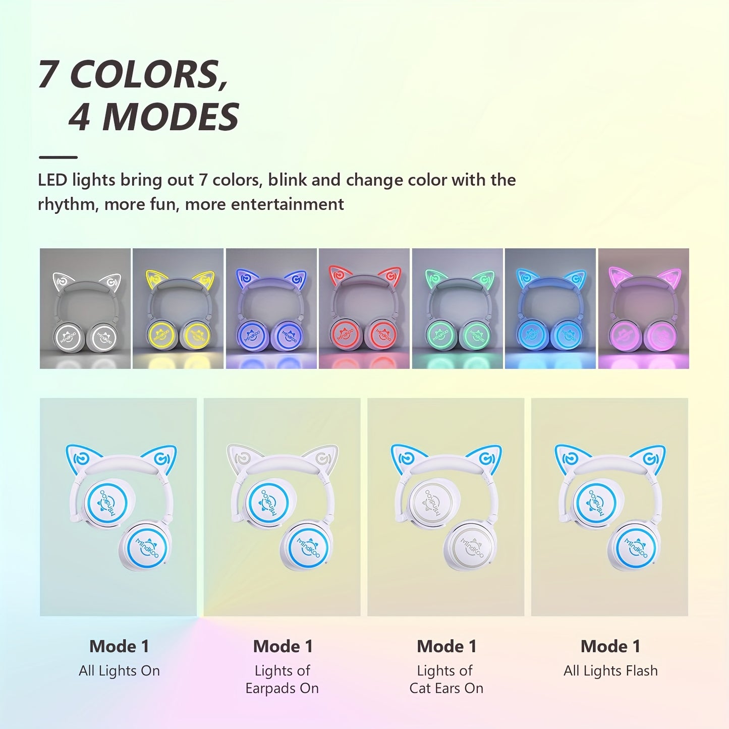 Mindkoo Over-Ear Wireless Headphones, Cat Ear Headphones With 7 Colors LED Light, Foldable, Built-in Microphone And Volume Control For PC/Cell Phones/Teens/Adults