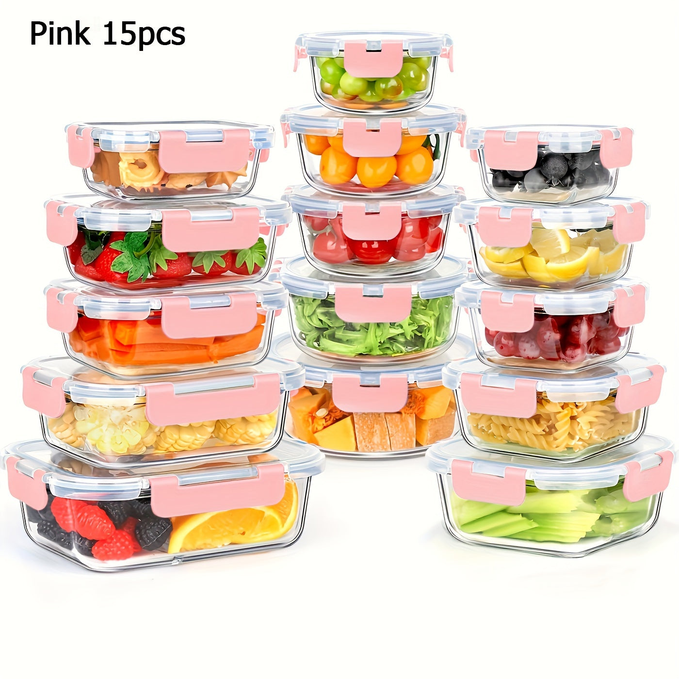 15pcs Glass Food Storage Containers with Snap Locking Lids Glass Meal Prep Containers Set - Airtight Lunch Containers, Microwave, Oven, Freezer and Dishwasher
