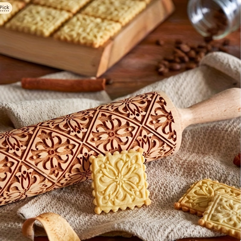 1pc Wooden Lasercarved Pattern Rolling Pin, Festive Holiday Baking Tool for Christmas, Halloween, Easter, Thanksgiving, St. Patrick'S Day, Cookie & Pizza Embossing, Kitchen Accessory