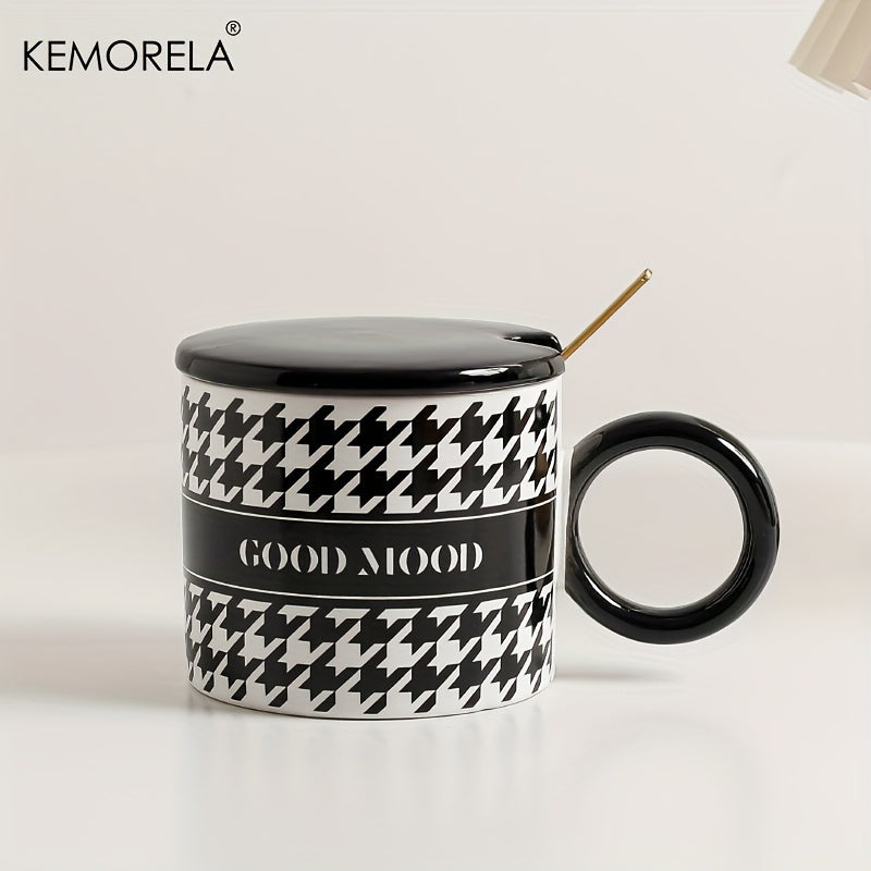 KEMORELA Ceramic Coffee Mugs Set with Lids and Spoons, Houndstooth Pattern Reusable Round Cups, Microwave Safe, Machine Wash, Multipurpose Drinkware, Ideal for Christmas, Halloween, Thanksgiving, Valentine's, Father's Day Gif