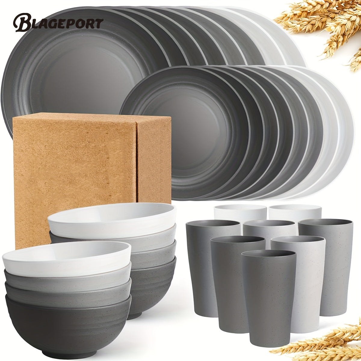 32Pcs Wheat Straw Dinnerware Sets, Lightweight Plates and Bowls Set, Plastic Reusable Plates, Microwave Dishwasher Safe, Reusable Dinnerware, Black Set 8 Dinner Plates, 8 Dessert Plate, 8 Cereal Bowls, 8 Cups.