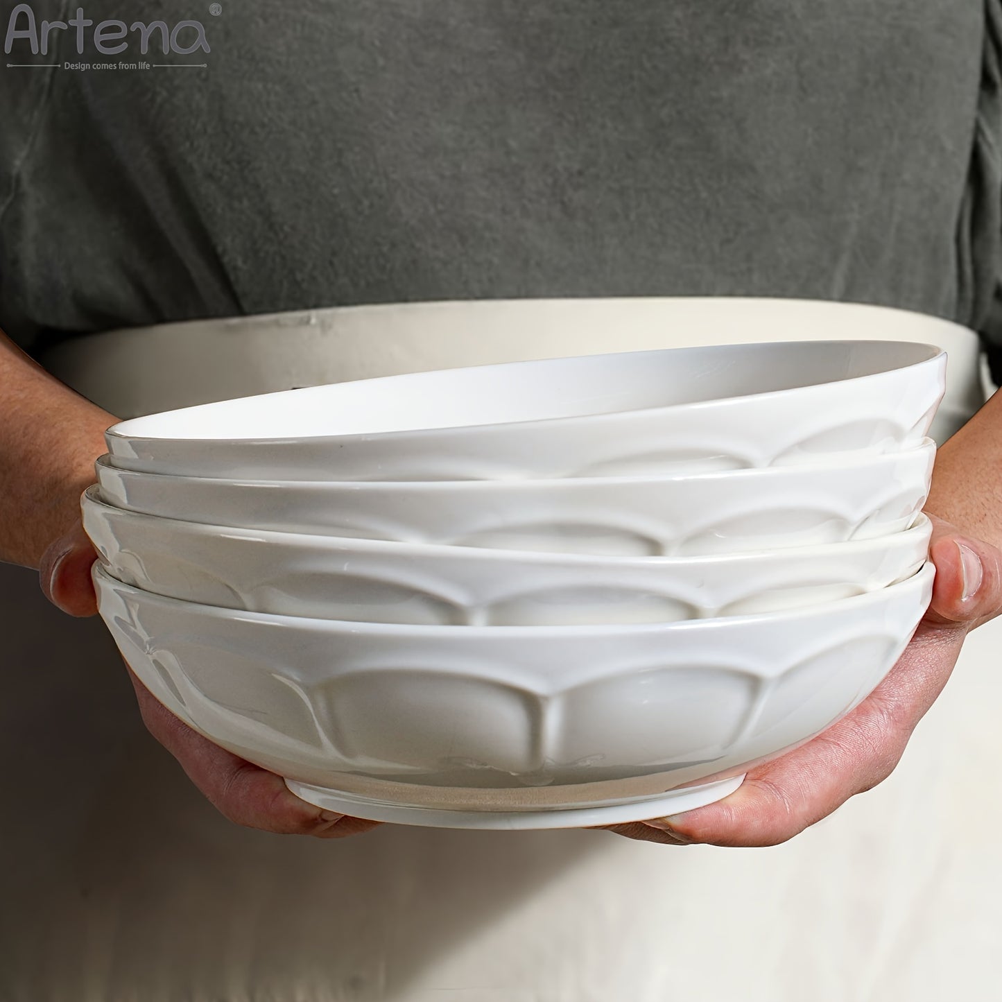 Large Ceramic 4pcs Artena Pasta Bowls - 32oz/35oz, 7.9''/8'' Embossed Soup Bowls - White Serving Bowls for Entertaining, Microwave Dishwasher Oven Safe