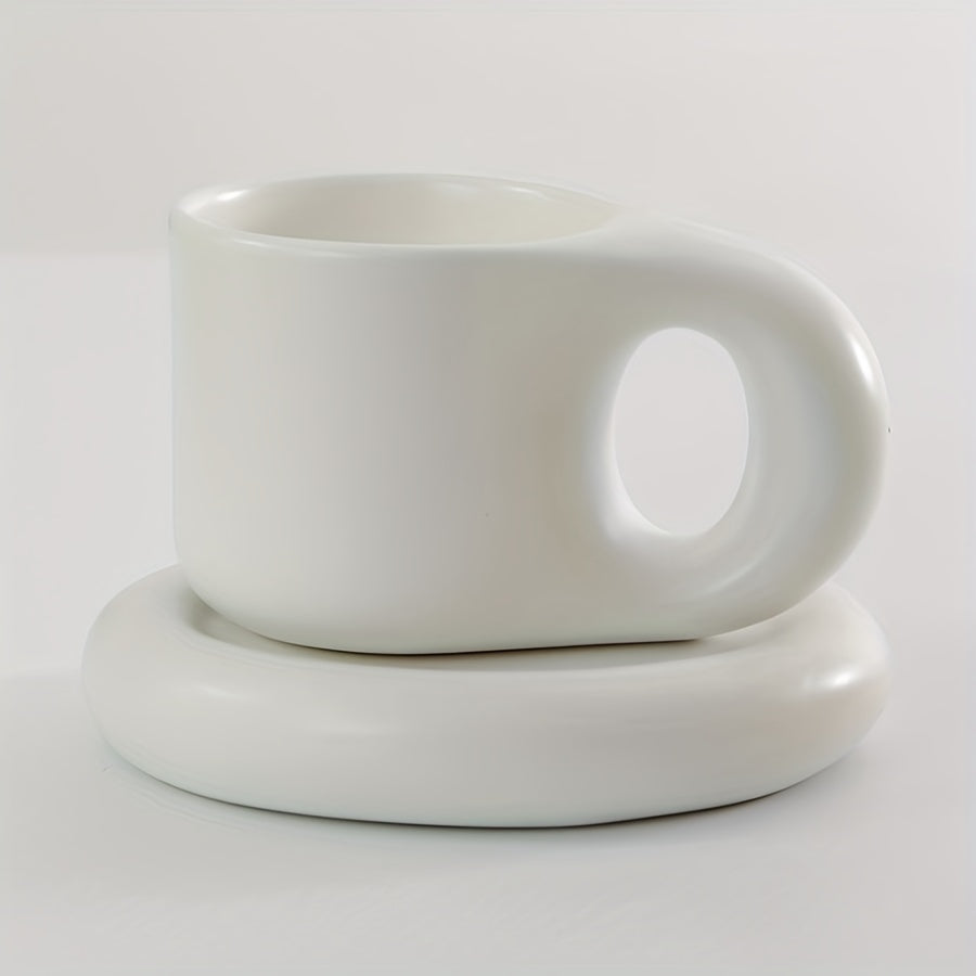 1set Chubby Mug Saucer Set - Creative, Cute, Fat Handle, 10 Oz, Dishwasher and Microwave Safe, Perfect for Latte, Tea, Milk, Halloween Gift, Birthday Gift, Aesthetic Room Decor, Art Supplies, Summer and Winter Drinkware