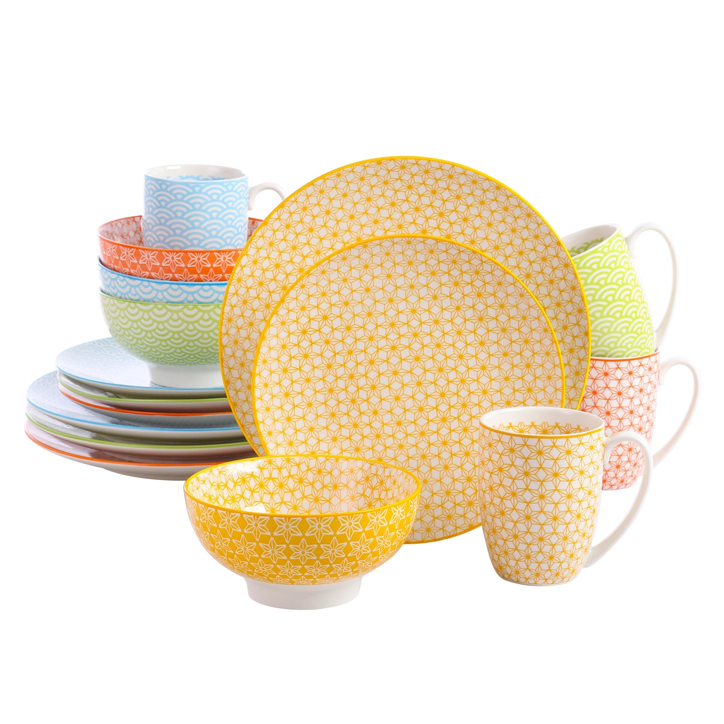 16-Pc Japanese Style Porcelain Dinnerware Set for 4 - Premium Quality, Microwave Safe, Traditional Design with Vibrant Colors, Perfect for Everyday Use & Special Occasions