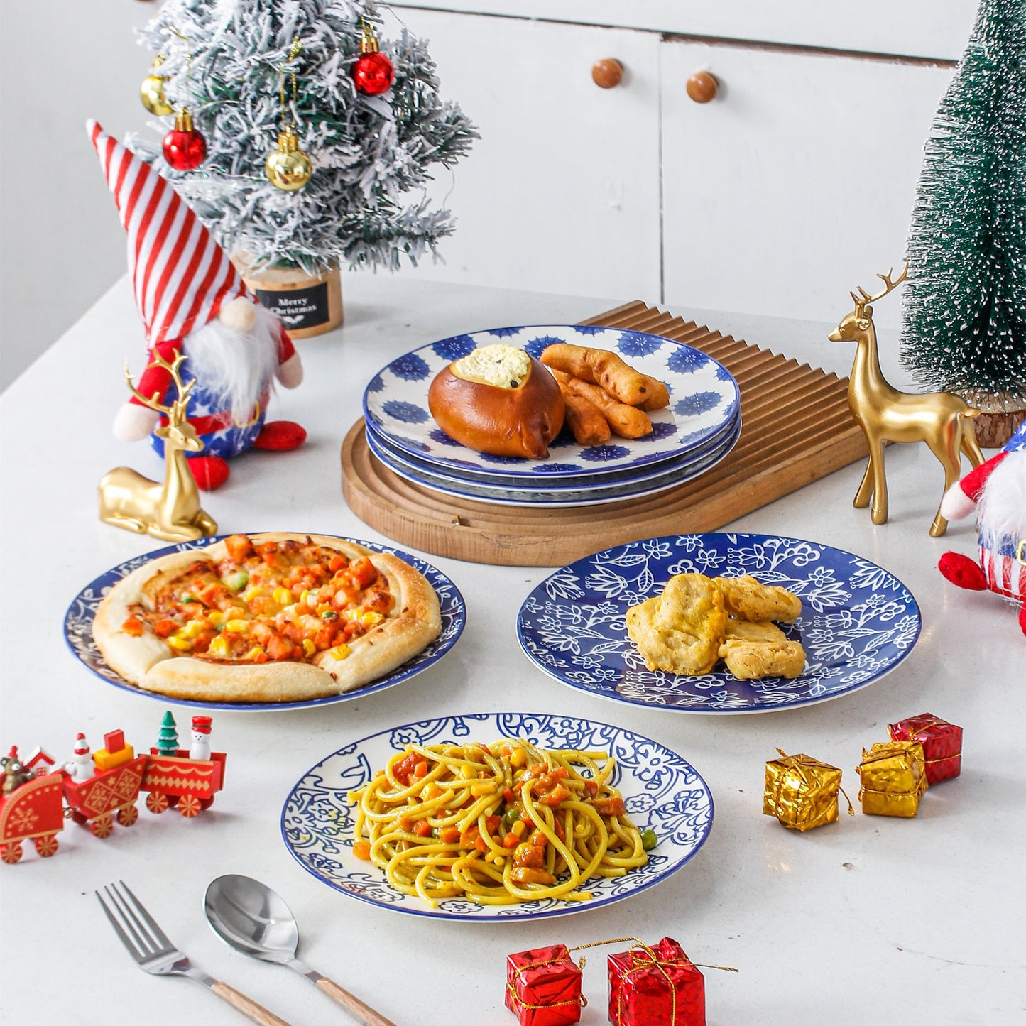 Chinese style ceramic dinnerware 30 pcs set, including 8.5 inches salad plate, 10.5 inches dinner plate, 16 oz coffee mug, 8.3 inches rectangular plate, 24 oz cereal bowl each 6 pcs, microwave oven dishwasher safe, housewarmi