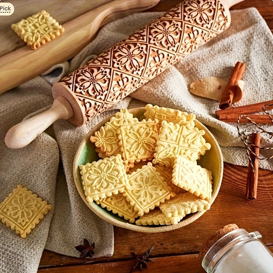 1pc Wooden Lasercarved Pattern Rolling Pin, Festive Holiday Baking Tool for Christmas, Halloween, Easter, Thanksgiving, St. Patrick'S Day, Cookie & Pizza Embossing, Kitchen Accessory