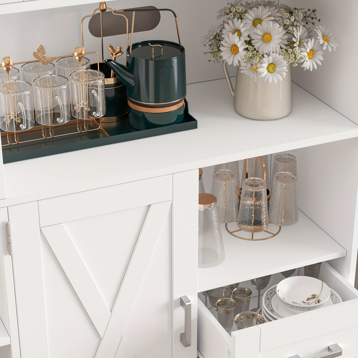 FULTRU 60.4" Farmhouse Kitchen Pantry Storage Cabinet, Freestanding Hutch with Doors & Shelves, Buffet Sideboard with Microwave Stand, Coffee Bar with Drawers, Cupboard for Dining Room, Rustic Brown