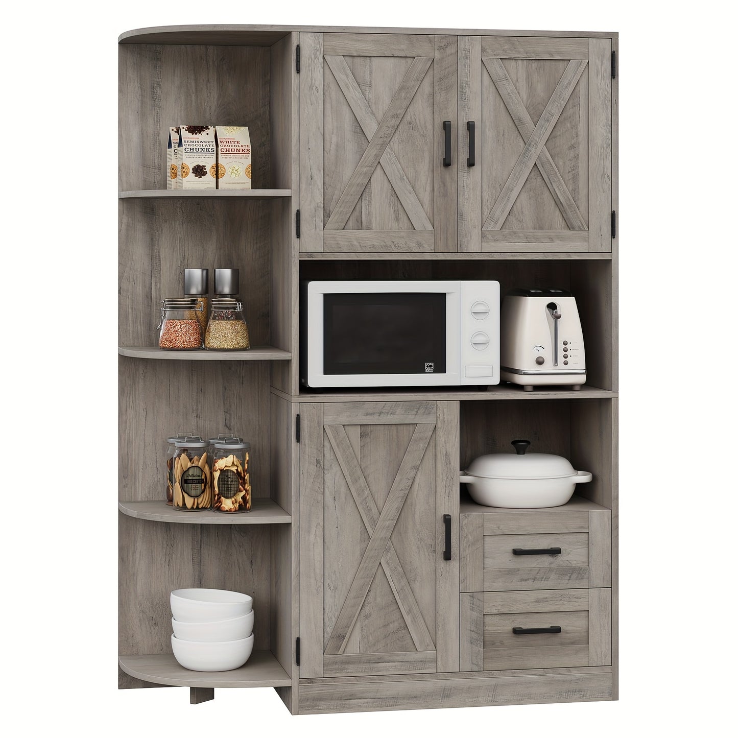 FULTRU 60.4" Farmhouse Kitchen Pantry Storage Cabinet, Freestanding Hutch with Doors & Shelves, Buffet Sideboard with Microwave Stand, Coffee Bar with Drawers, Cupboard for Dining Room, Rustic Brown