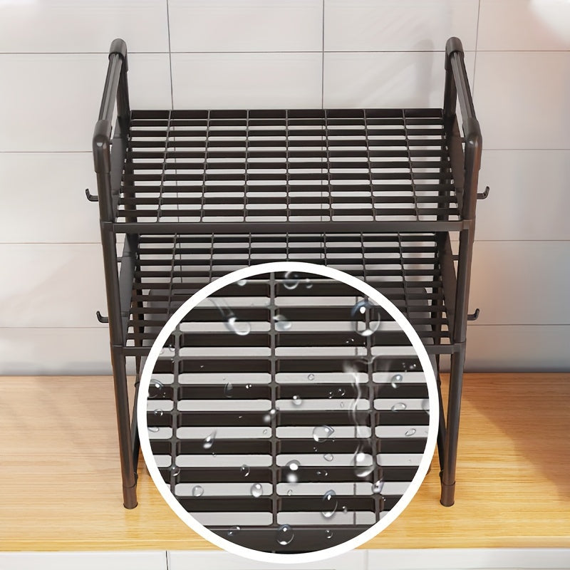 8-Hook Expandable Double-Layer Microwave Stove Rack - Multifunctional Kitchen Storage Organizer for Countertops and Cabinets - Space-Saving Plastic Rack with Adjustable Design for Kitchen Utensils and Accessories