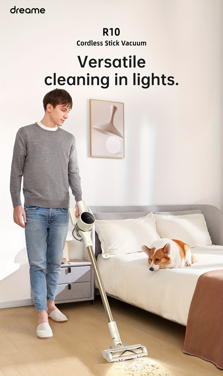 dreame R10 Cordless Vacuum Cleaner, 120AW Powerful Stick Vacuum with Led Headlights, Anti-Tangle Brush, Up to 60 Mins Rechargeable Battery, Handheld Vacuum Deep Clean Hair, Hard Floor, Carpet