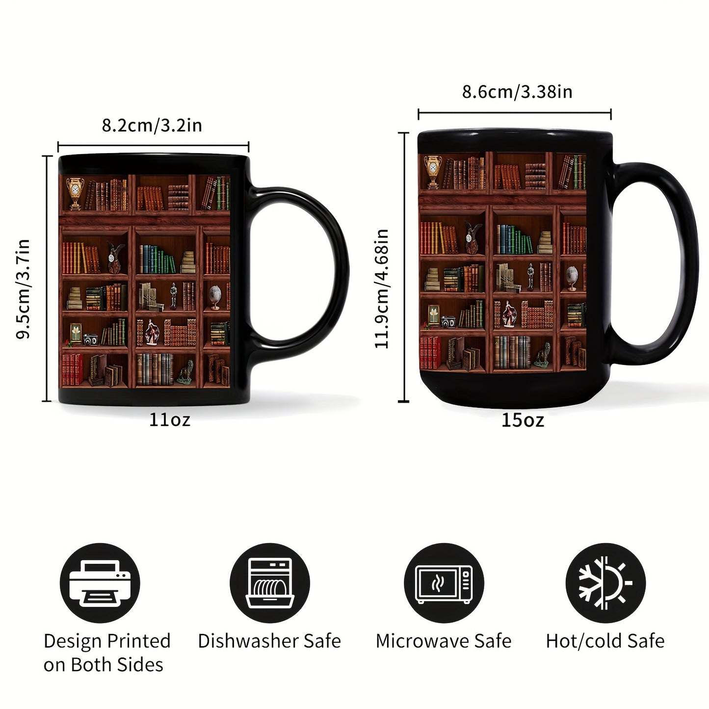 1pc, Bookworm's Delight Mug - Library Bookshelf Coffee Mug for Book Lovers - 11oz/15oz, Black, Ceramic, Dishwasher and Microwave Safe, Unique Bookish Gifts for Readers and Librarians