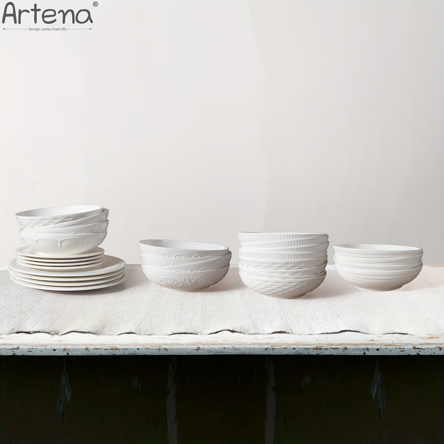 Large Ceramic 4pcs Artena Pasta Bowls - 32oz/35oz, 7.9''/8'' Embossed Soup Bowls - White Serving Bowls for Entertaining, Microwave Dishwasher Oven Safe