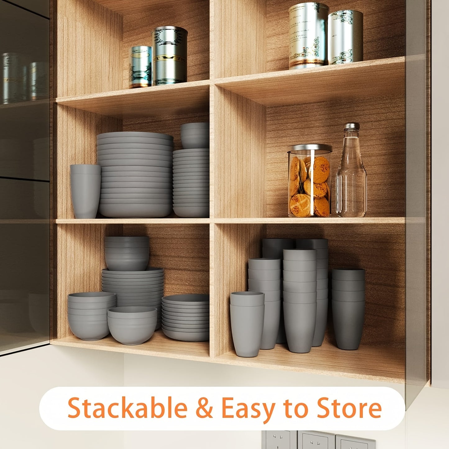A 32pcs Gray Wheat Dinnerware Set, Durable Black Design, Safe for Microwave And Dishwasher. Includes 16 Plates, 8 Bowls, And 8 Cups, Suitable for Indoor And Outdoor Camping And Picnics.