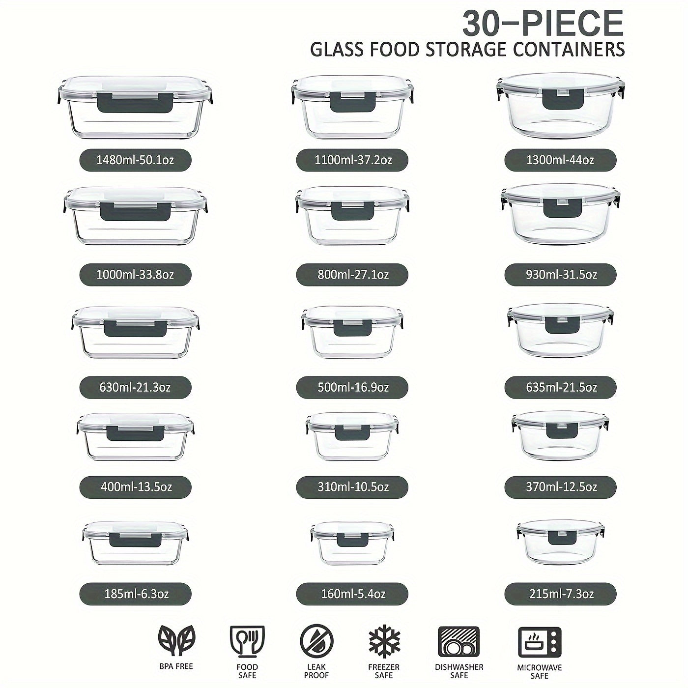 15pcs Glass Food Storage Containers with Snap Locking Lids Glass Meal Prep Containers Set - Airtight Lunch Containers, Microwave, Oven, Freezer and Dishwasher