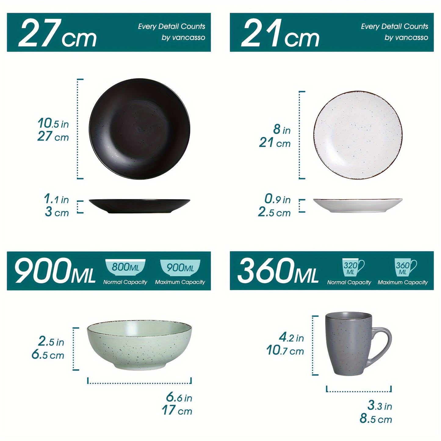16-Piece Vancasso Round Stoneware Dinnerware Set - Sesame Glaze, Matt Finish, Service for 4, Durable, Chip-Resistant, Easy to Clean, Microwave and Dishwasher Safe