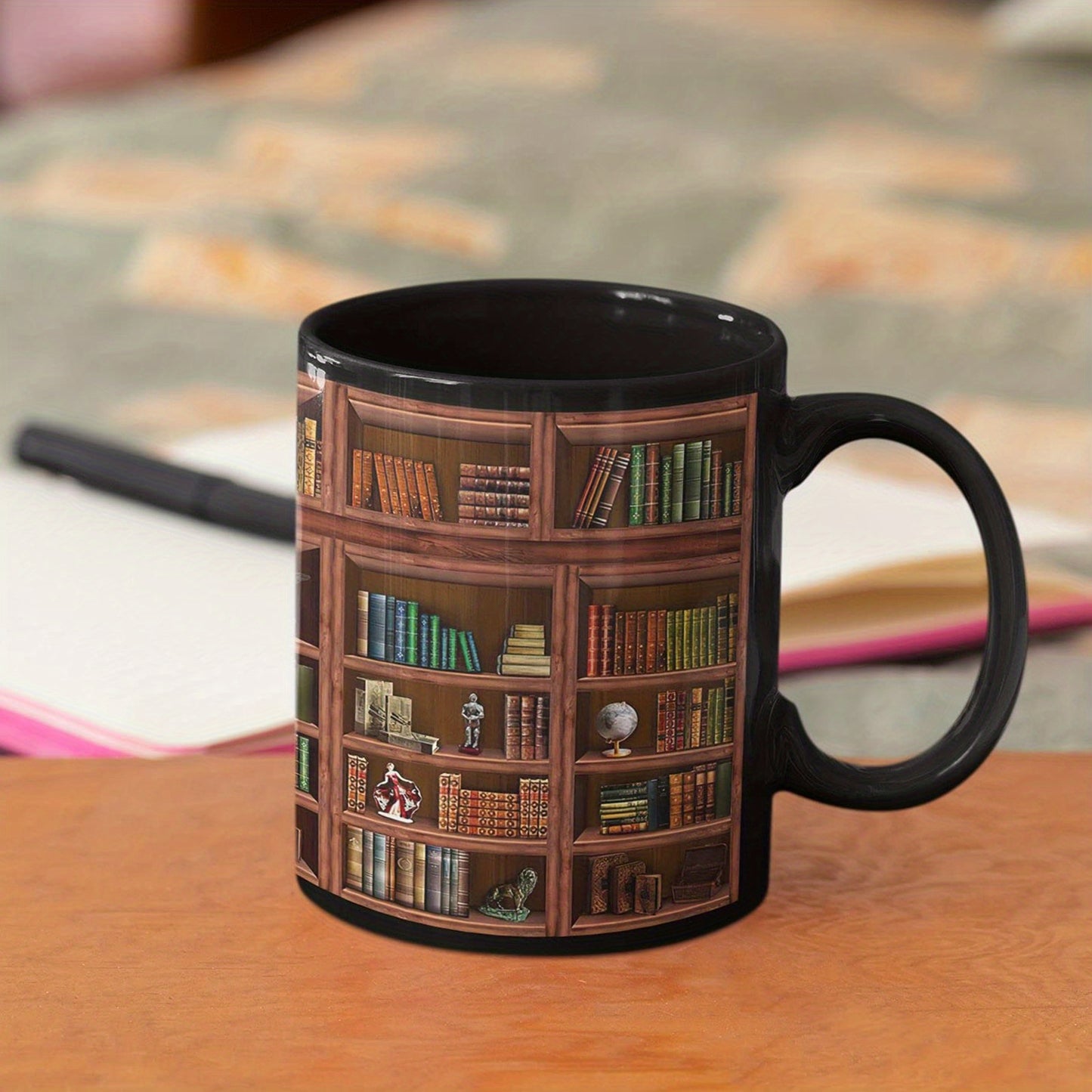 1pc, Bookworm's Delight Mug - Library Bookshelf Coffee Mug for Book Lovers - 11oz/15oz, Black, Ceramic, Dishwasher and Microwave Safe, Unique Bookish Gifts for Readers and Librarians