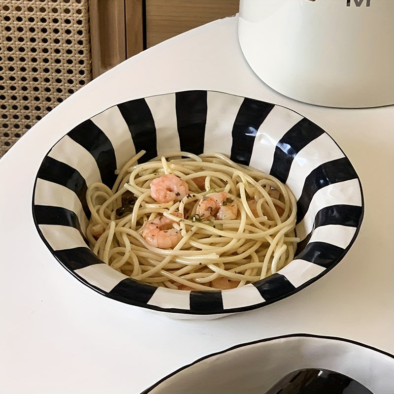 Vintage Black & White Striped Ceramic Dinnerware Set - Deep Plate, Noodle Bowl, Straw Hat Design - Premium Textured Tableware For Home, Kitchen, Salad & Soup Bowls - Microwave Safe