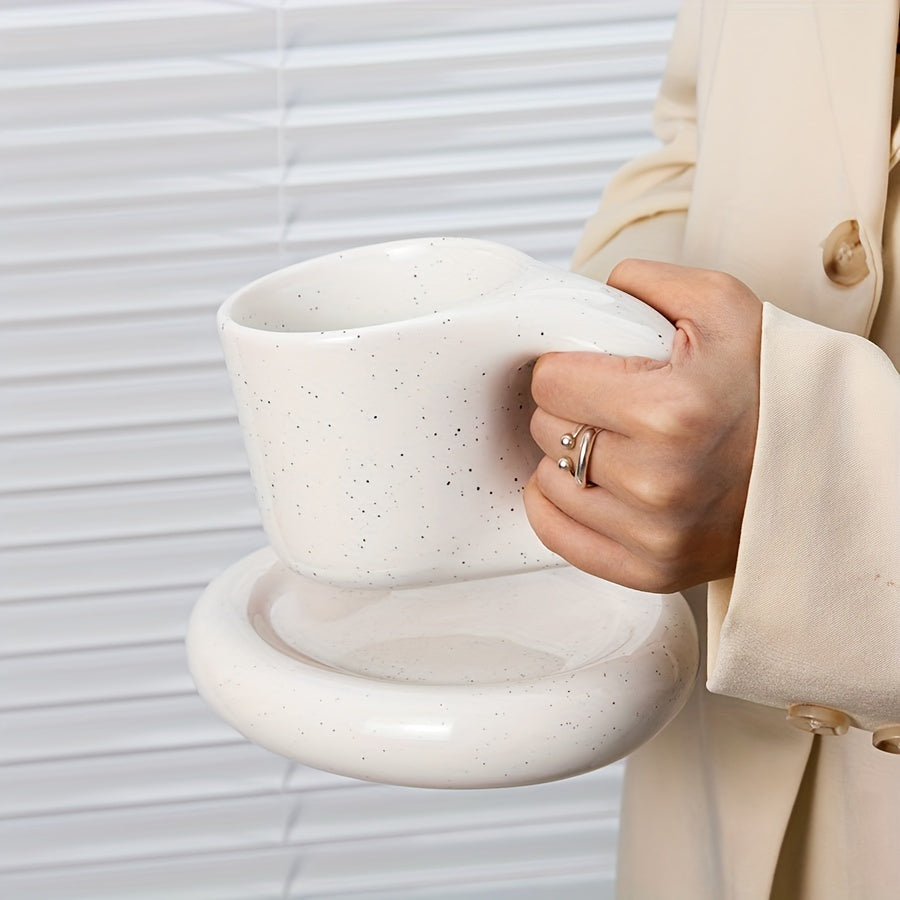 1set Chubby Mug Saucer Set - Creative, Cute, Fat Handle, 10 Oz, Dishwasher and Microwave Safe, Perfect for Latte, Tea, Milk, Halloween Gift, Birthday Gift, Aesthetic Room Decor, Art Supplies, Summer and Winter Drinkware