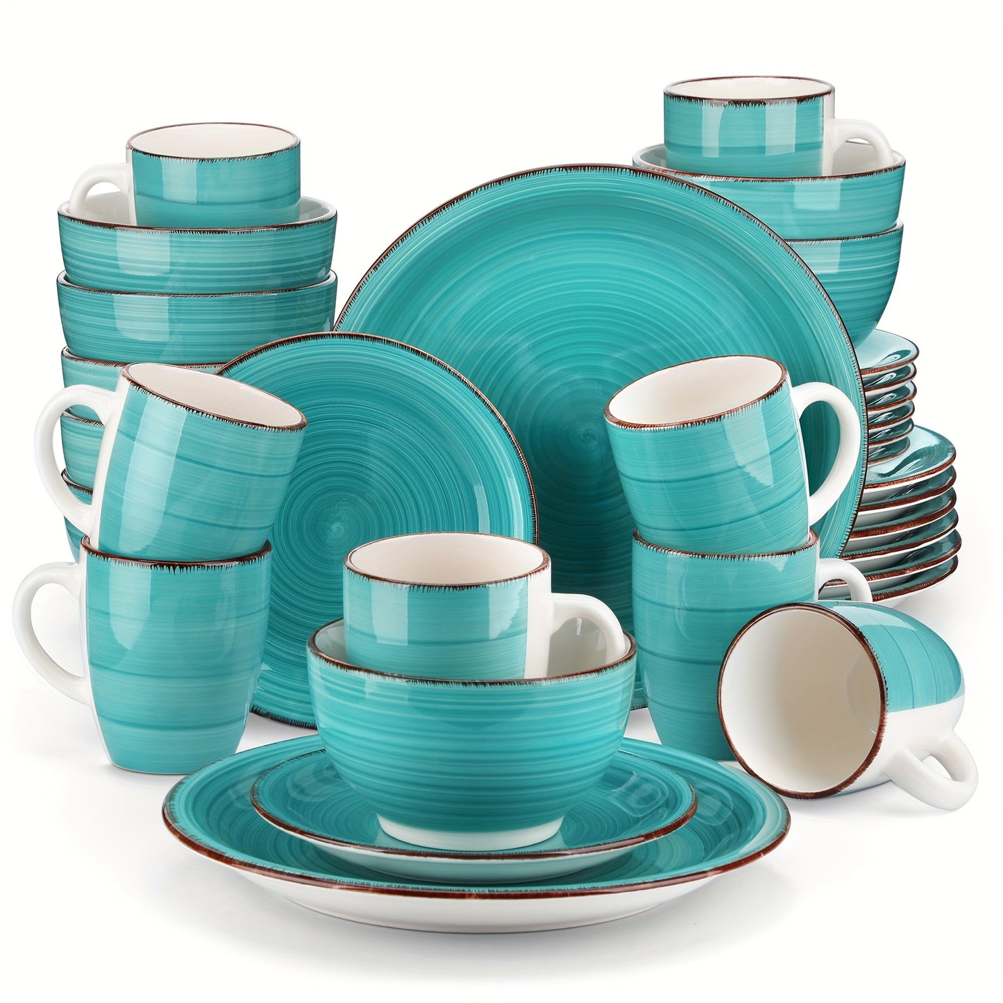 32-Piece Handpainted Stoneware Dinnerware Set - Artisanal Dining Delight for 8, Including Dishes & Plates - Scratch-Resistant, Microwave & Dishwasher Safe