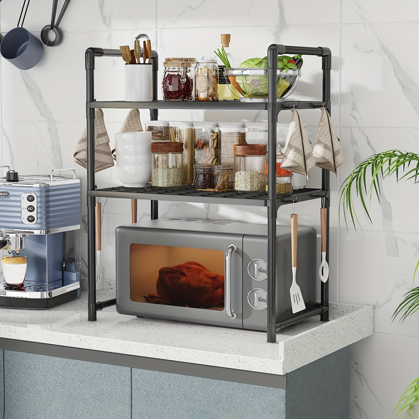 8-Hook Expandable Double-Layer Microwave Stove Rack - Multifunctional Kitchen Storage Organizer for Countertops and Cabinets - Space-Saving Plastic Rack with Adjustable Design for Kitchen Utensils and Accessories