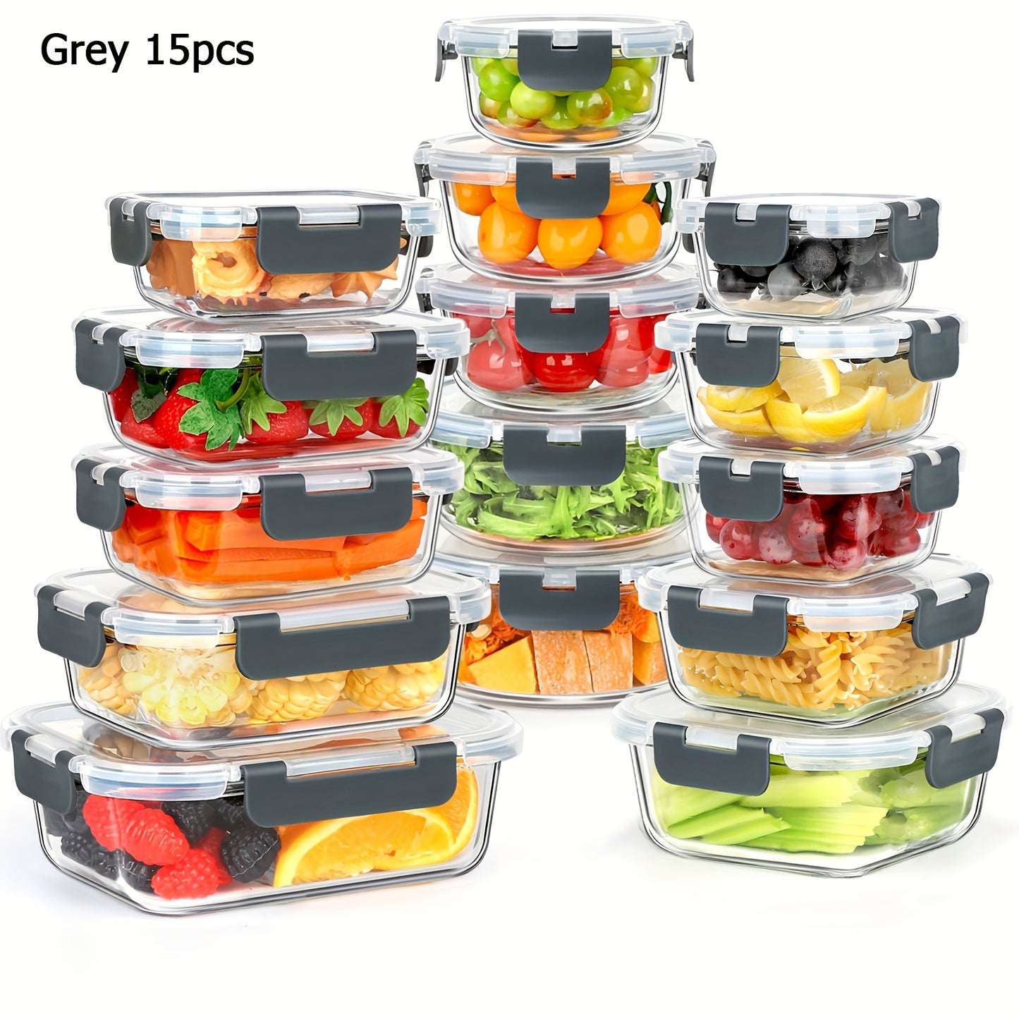 15pcs Glass Food Storage Containers with Snap Locking Lids Glass Meal Prep Containers Set - Airtight Lunch Containers, Microwave, Oven, Freezer and Dishwasher