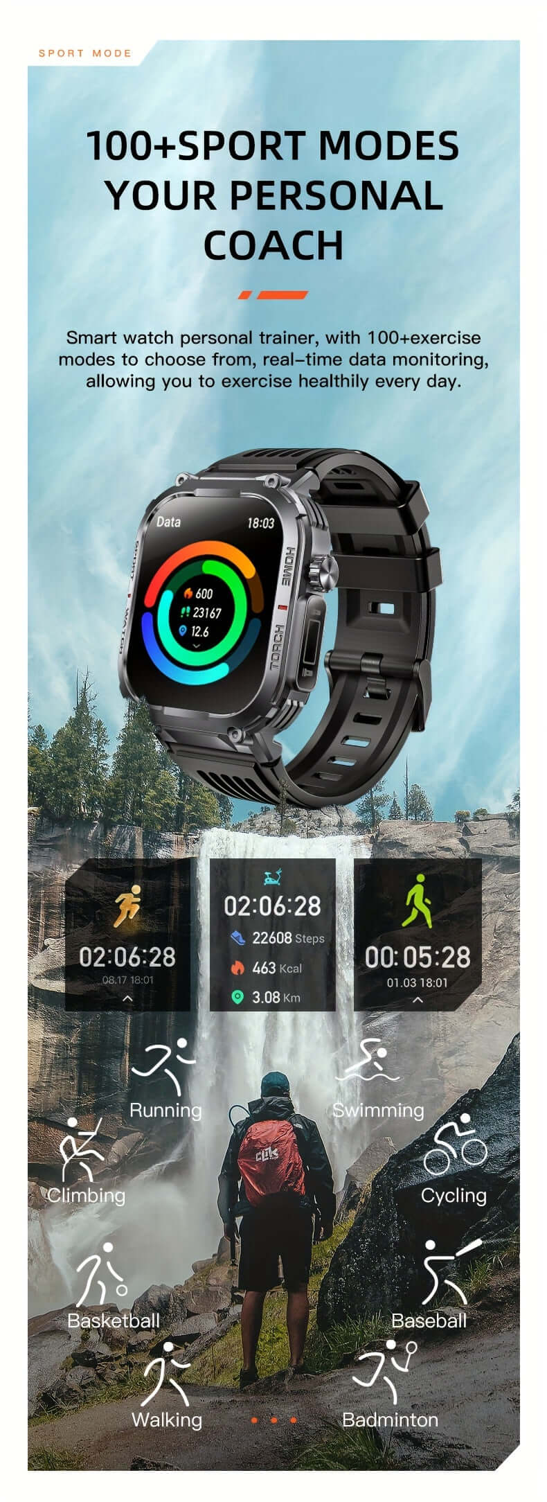2.02" Smartwatch IP68 Waterproof for Men Women, Answer/Dial Calls Watch with LED Flashlight, Full Touch Screen Compatible with iPhone and Android Phones - Black