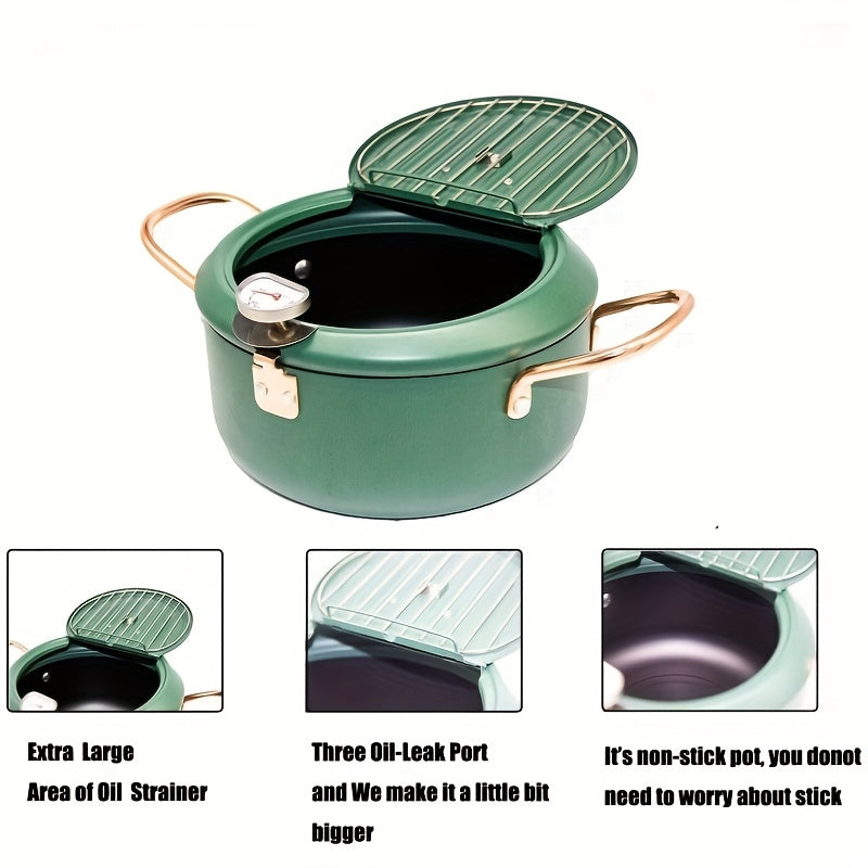 1pc Large Green Tempura Deep Fryer Pan - Non-Stick Carbon Steel with Fahrenheit Thermometer for Perfect Tempura, Chicken, Fish, Shrimp - Easy Cleaning, Durable, Space-Saving Design for Home Kitchen