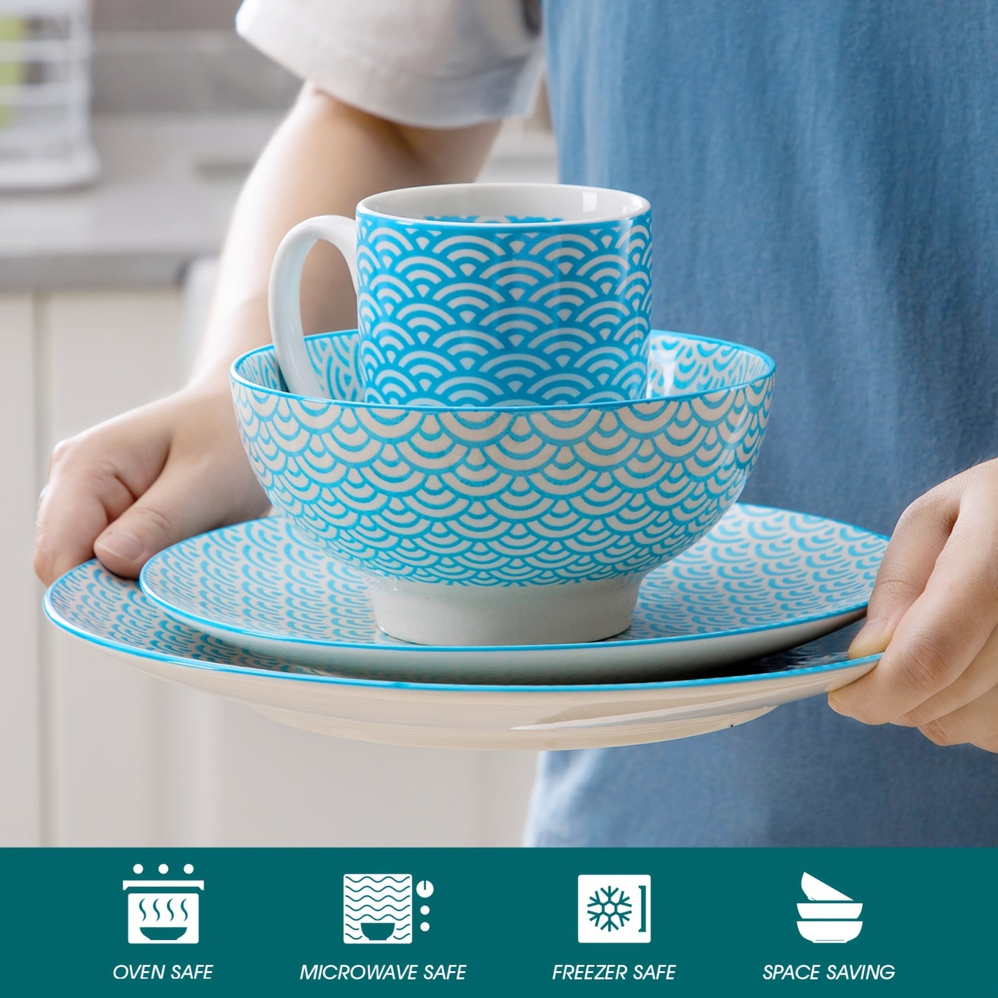 16-Pc Japanese Style Porcelain Dinnerware Set for 4 - Premium Quality, Microwave Safe, Traditional Design with Vibrant Colors, Perfect for Everyday Use & Special Occasions