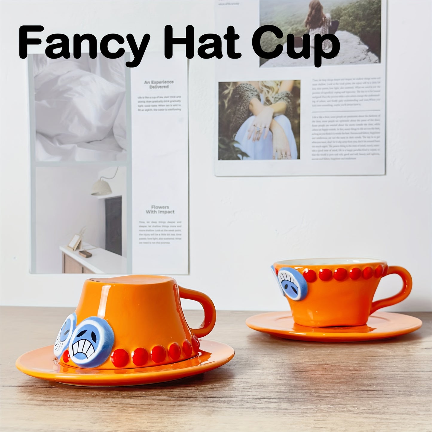 One Piece Ceramic Coffee Cups and Saucers Set - Microwave Safe, Lead-Free, Poly-Coated, Reusable, Round, Matching Set for Adults - Perfect Gift for Him/Her on Christmas, Easter, Halloween, Hanukkah, Thanksgiving