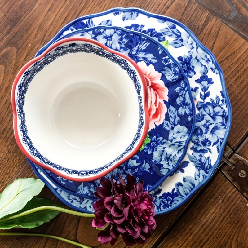 12pcs Vibrant Floral Stoneware Dinnerware Set - Dishwasher and Microwave Safe