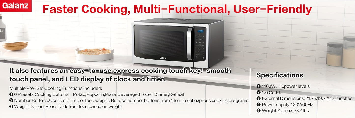 Galanz Countertop Microwave Oven 1.6 Cu Ft With Removable Turntable 1100W 6 Auto Menus Stainless Steel