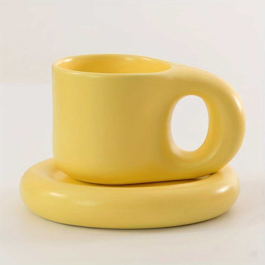 1set Chubby Mug Saucer Set - Creative, Cute, Fat Handle, 10 Oz, Dishwasher and Microwave Safe, Perfect for Latte, Tea, Milk, Halloween Gift, Birthday Gift, Aesthetic Room Decor, Art Supplies, Summer and Winter Drinkware