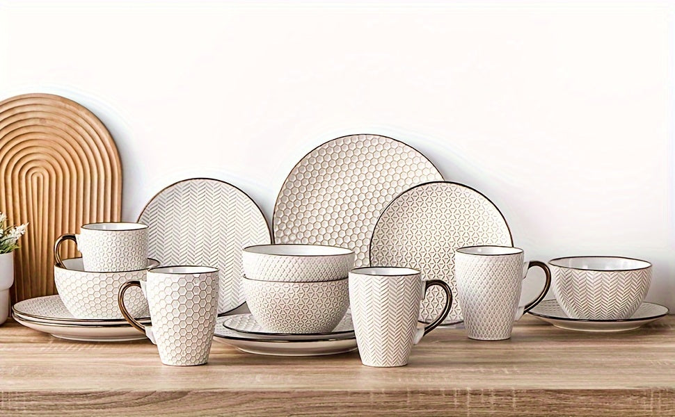 Gooditour Ceramic Cereal Bowls Set - 26 Oz Embossed Soup Bowl - 6 Inch Stoneware Kitchen Bowl for Oatmeal Salad Dessert Rice - Microwave Dishwasher Oven Safe - Set of 4 - White