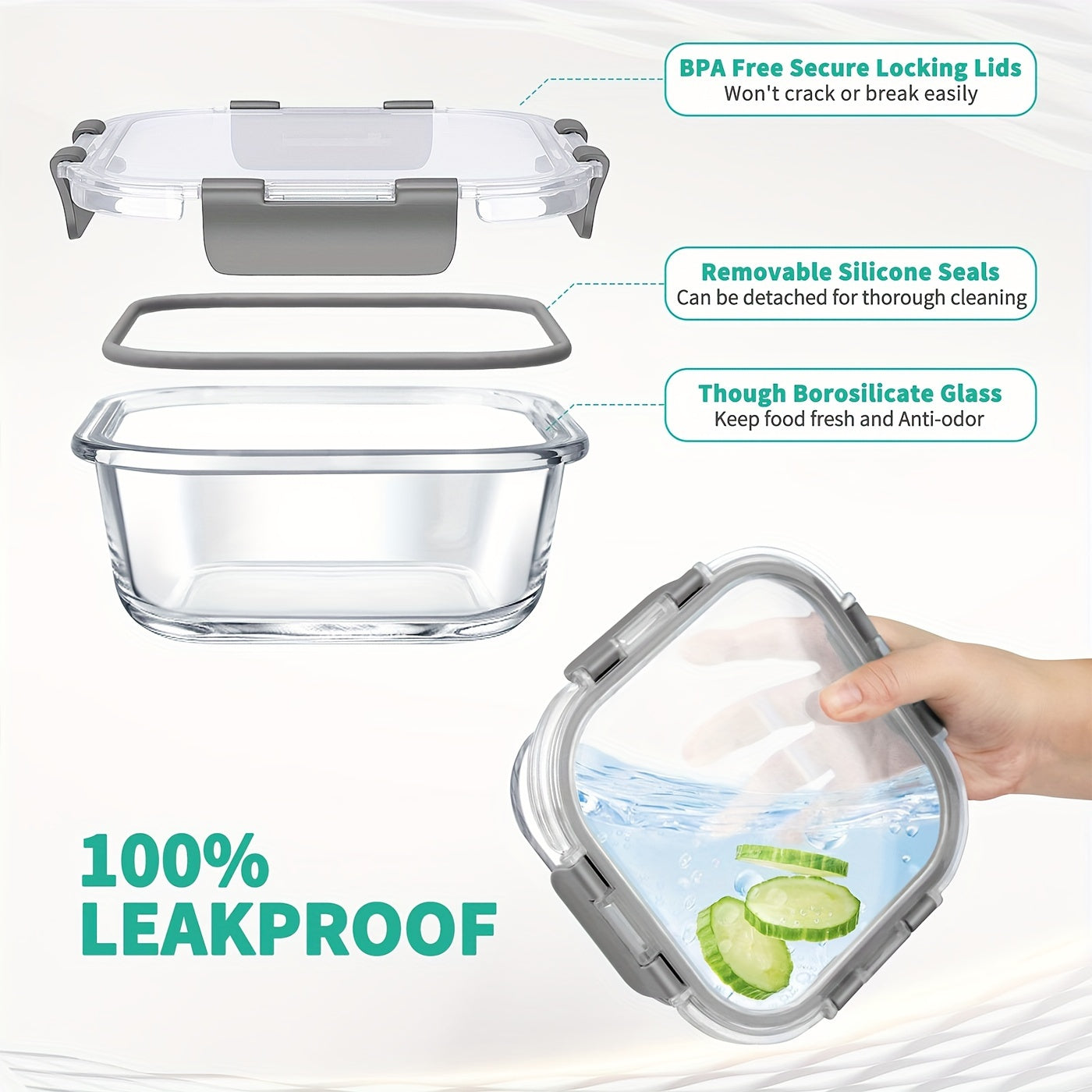 34pcs Glass Food Storage Containers Set, BPA-Free, Airtight & Leak Proof, Dishwasher, Microwave, Oven, Freezer Safe, Multipurpose Rectangle Containers with Flip Top Lids, Grey (17 Containers & 17 Lids)