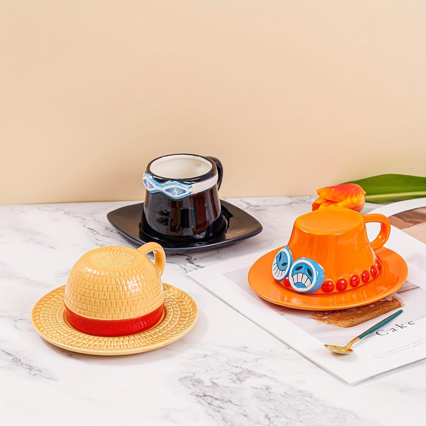 One Piece Ceramic Coffee Cups and Saucers Set - Microwave Safe, Lead-Free, Poly-Coated, Reusable, Round, Matching Set for Adults - Perfect Gift for Him/Her on Christmas, Easter, Halloween, Hanukkah, Thanksgiving